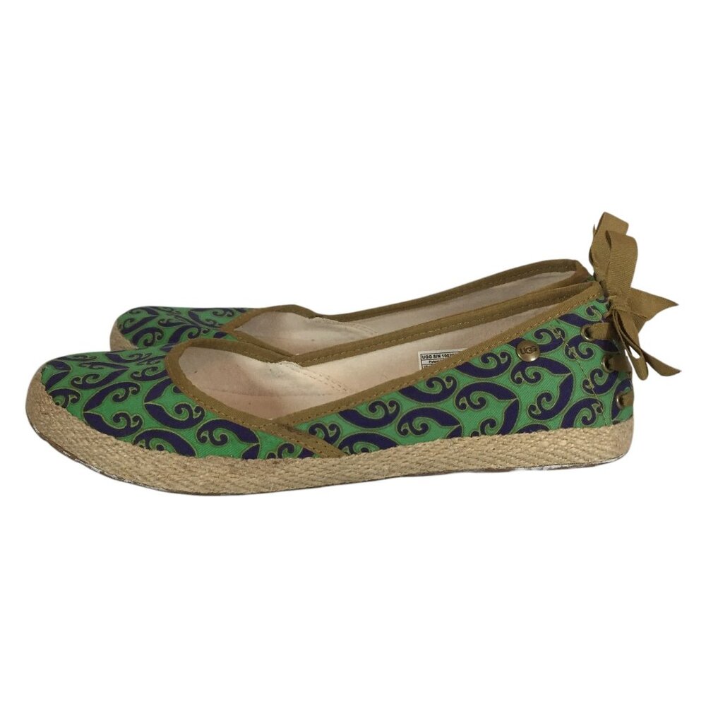 UGG Australia Womens 8.5/39.5 Espadrille Flats Green Navy Pattern Canvas Slip-On - Picture 6 of 8